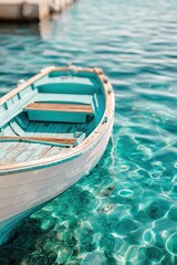 Obraz premium A wooden boat rests in clear turquoise water. The boat is close to a dock. Sunlight shines on the water, creating reflections. This scene is typical of a Greek coastal area