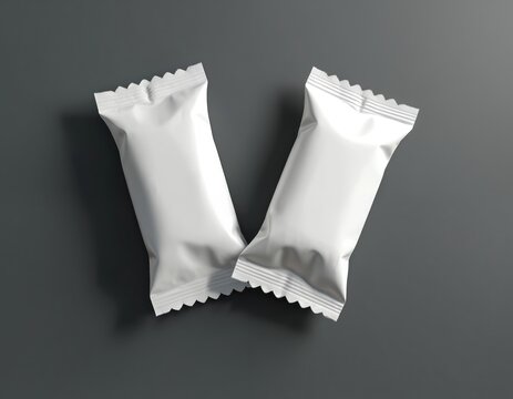 Two blank white candy bar wrappers lie on dark surface. Sealed foil packaging mockups ready for custom brand design. Empty sweet snack packs.