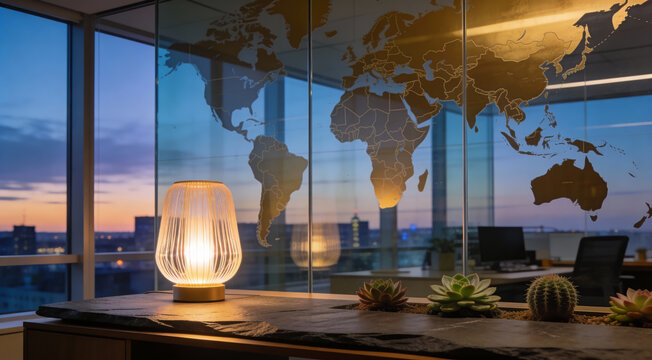 Modern office interior with world map decal and city view at dusk