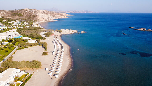 High Angle Aerial View of Agios Stefanos Beach with Long Sandy Shore and Turquoise Sea in Kos Greece