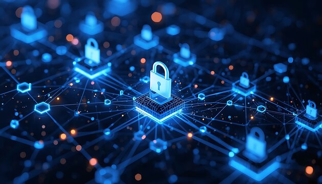 Digital security abstract concept with glowing network of interconnected nodes and padlocks symbolizing protection and encrypted data flow