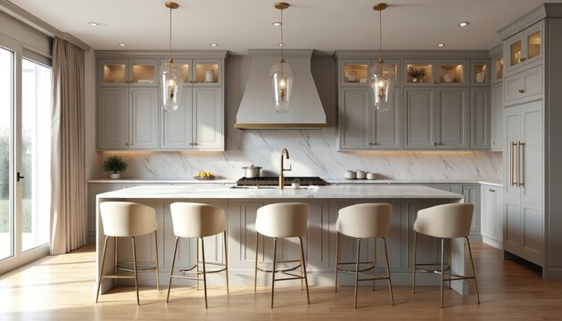 Modern transitional kitchen with light grey cabinets and marble countertops. Island with bar stools faces cooking area with hood. Large window lets in natural light.
