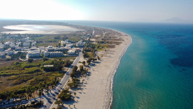 Aerial High Angle View of Tigaki Beach and Alikes Salt Lake with Turquoise Sea in Kos Island Greece
