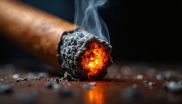 Burning cigar close-up reveals glowing ember and ash. Smoke drifts from rich tobacco wrapper against dark background. Heat and texture detail.