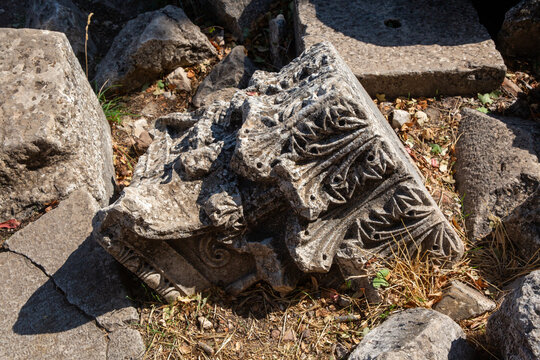Detail of Ancient Carved Stone Column Capital with Floral Motifs in Termessos Antique City Antalya Turkey