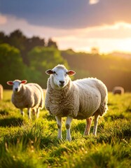 Obraz premium Two sheep stand in a grassy field, bathed in the golden light of sunset, with more sheep in the distance
