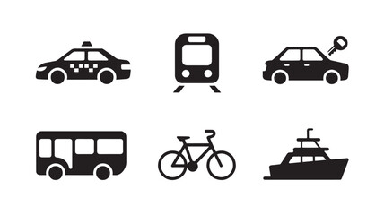 Fototapeta premium Transportation Icons Set Taxi Train Car Bus Bicycle Boat Minimal Travel Vehicle Vector Collection