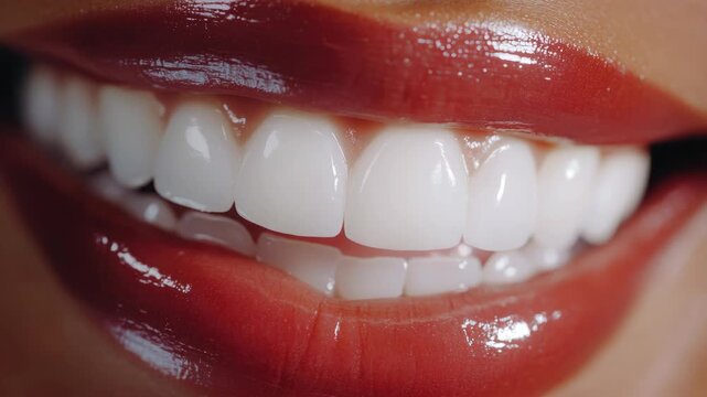 Woman showing teeth and red lips for a microstock video
