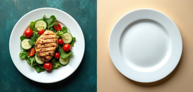 Grilled chicken salad on white plate next to empty plate. Healthy food versus hunger contrast concept. Fresh ingredients, colorful vegetables, and lean protein.