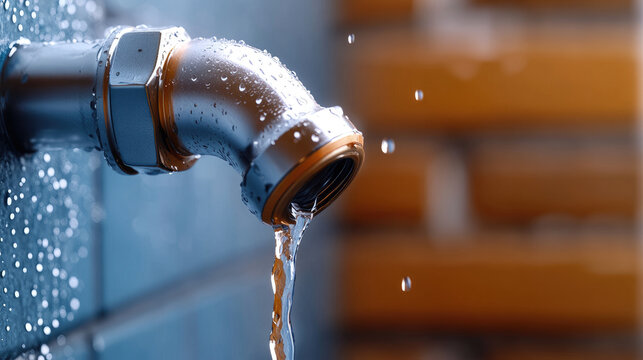 Water pipe with a continuous leak, showing clear drops falling from the faucet and surrounding wetness, representing water scarcity, waste, and plumbing issues requiring immediate repair
