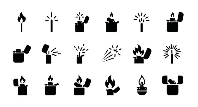 Black lighter icons, flame symbols, matchbox graphics, vector set