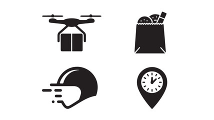 Fototapeta premium Food Delivery Drone Icons Fast Shipping Logistics Technology Vector Set