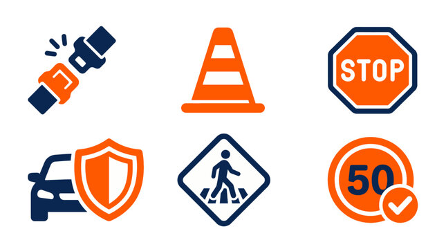 Road Safety and Traffic Regulations Icon Set with Seatbelts, Traffic Cones, Speed Limits, and Pedestrian Crossing Illustrations
