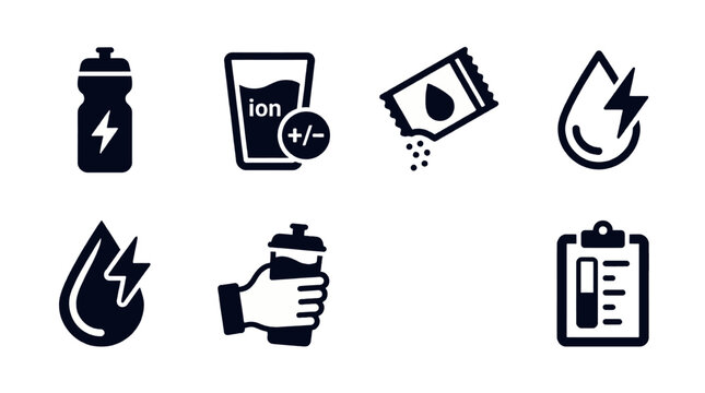 Electrolyte and Hydration Supplement Icon Set with Sports Drinks, Ionized Water, Energy Drops, and Nutritional Monitoring Illustrations