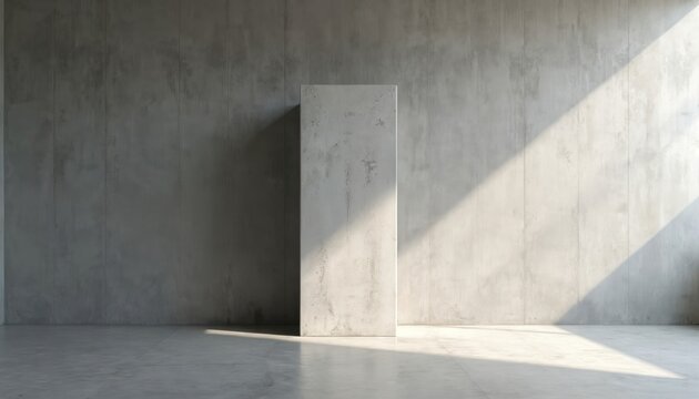 Minimalist concrete monolith stands in empty room. Sunlight streams across rough textured wall and floor. Abstract geometric object with copy space.
