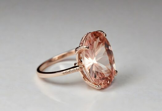 Rose Gold Large Oval Morganite Solitaire Ring on Grey - Stock Photo