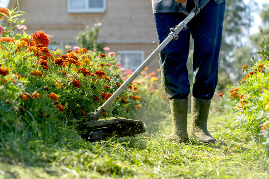 Person trims grass with a motorized edger