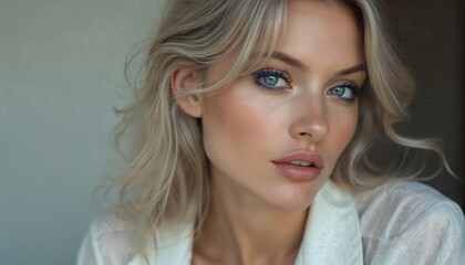 Naklejka premium Blonde woman with blue eye shadow, pink lips looks forward. She wears white shirt, her hair is styled wavy. Natural light illuminates her face, creating soft glow. Her expression is calm, confident.