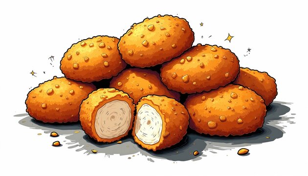 Crispy golden chicken nuggets pile in cartoon pop art style. One nugget cut revealing white meat interior. Fun retro illustration great for menus ads.
