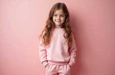 Fototapeta premium Little girl with long brown wavy hair wears pink sweatshirt and pants, smiles at camera with hands in pockets. Stands against plain pink backdrop, looking cheerful and confident.