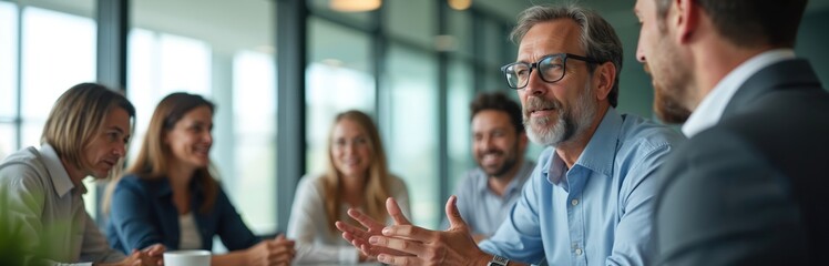 Plakat Business people talk in meeting room. Diverse team discuss project strategy at table. Colleagues share ideas plan future work for corporate development.