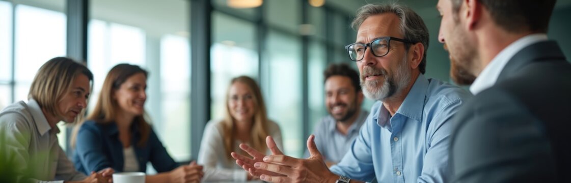 Business people talk in meeting room. Diverse team discuss project strategy at table. Colleagues share ideas plan future work for corporate development.