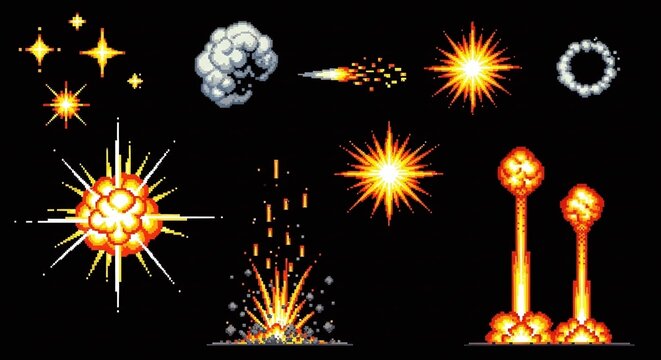 Pixel art explosion and fire effects isolated on black background