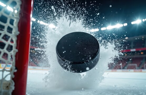 Hockey puck flies into net with splash of ice particles. Intense moment of game action. Players compete on frozen arena surface under bright lights.