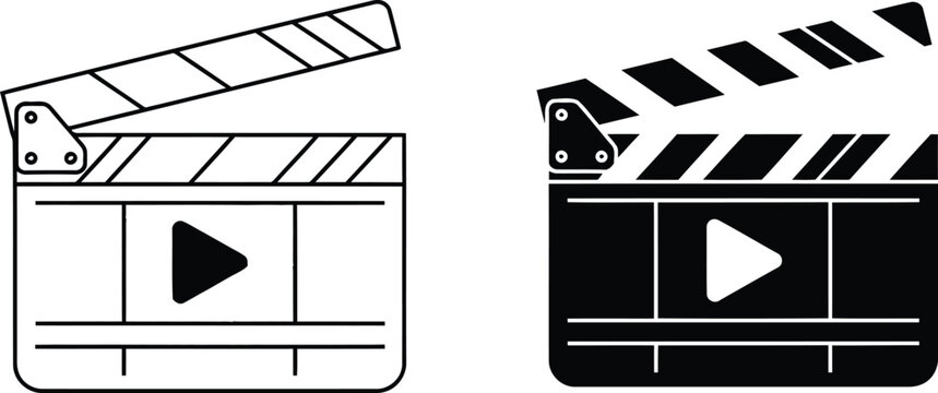 Two movie clapperboard icons with play symbols in outline and solid styles on a white background. Vector