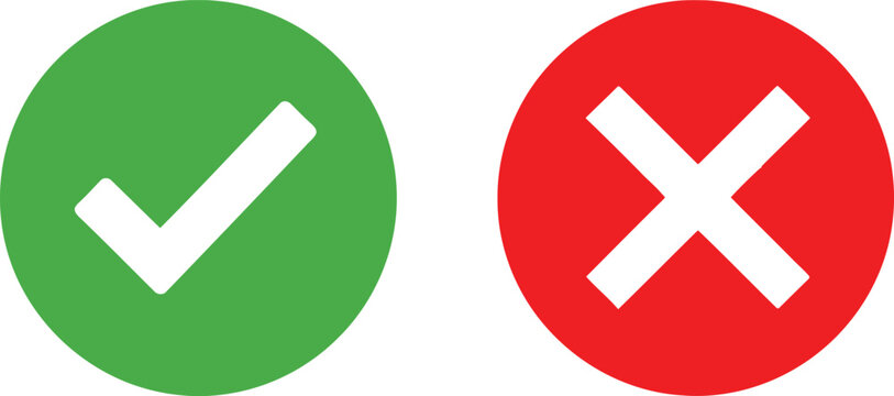 Green check mark and red cross icons representing correct and incorrect choices on white background. Vector