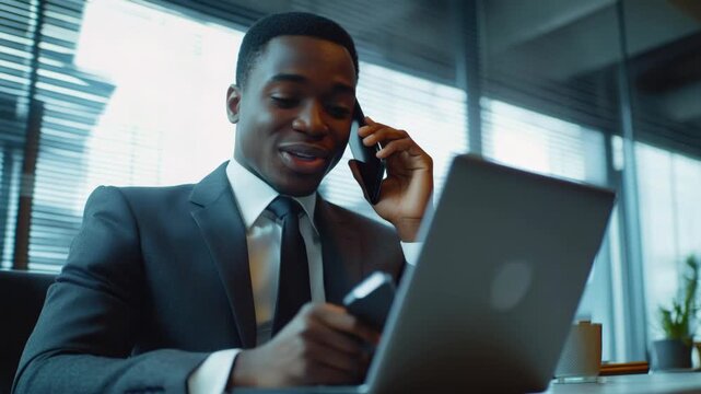 Smiling man in business suit working on laptop, symbolizing modern technology integration into professional work environment.