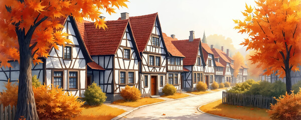Obraz premium Watercolor painting shows row of German half-timbered houses with red roofs. Autumn trees display vibrant orange and yellow foliage. Village street lined with colorful bushes and green trees.