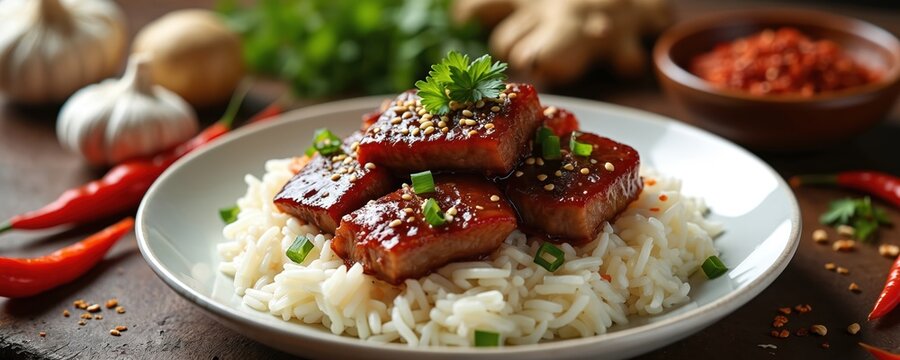 Asian dish red braised pork belly cubes over white rice. Garnished with green onions and sesame seeds. Served on white plate with chili peppers and garlic.
