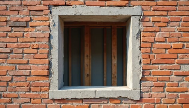 Unfinished window frame on brick wall. Concrete lintel and rough opening ready for glazing. Construction site detail shows building progress. Interior wooden studs visible.