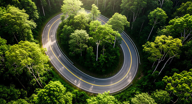 High angle drone shot of sharp U turn road in tropical forest. Circular asphalt highway through dense green canopy.