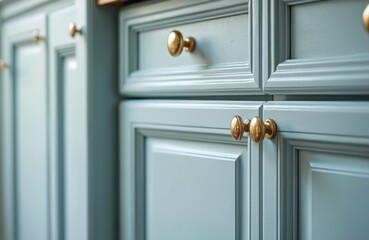 Fototapeta premium Light blue kitchen cabinets with detailed paneling and shiny gold knobs. This interior design element offers a classic yet modern aesthetic, perfect for home renovations or style guides.