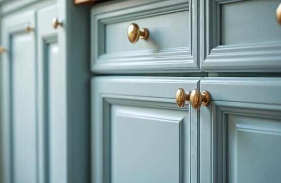 Light blue kitchen cabinets with detailed paneling and shiny gold knobs. This interior design element offers a classic yet modern aesthetic, perfect for home renovations or style guides.