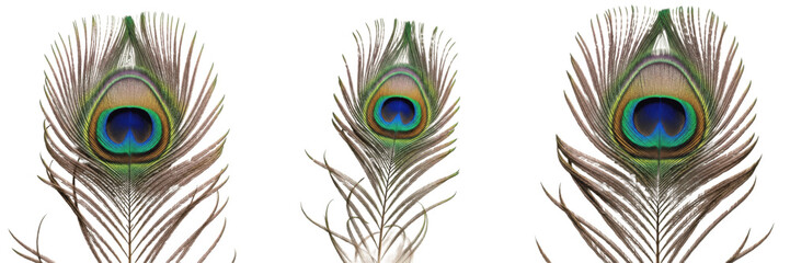Fototapeta premium Set of peacock feathers with eye pattern isolated on white background, realistic colorful bird plumage texture, exotic wildlife decoration