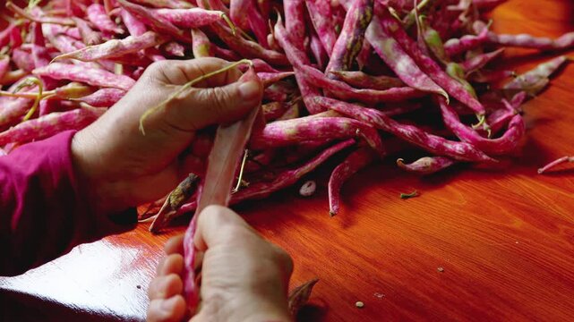 Hand shelling red beans on wooden table