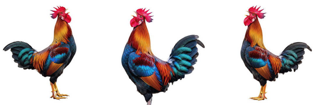 Vibrant Rooster Crowing Set on White Background - Colorful Cockerel Portraits Isolated for Design