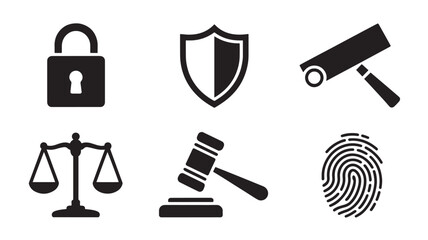 Fototapeta premium Law and Justice Icons Set Legal Security Shield Gavel Scales Fingerprint Camera Vector Black Isolated Transparent Background