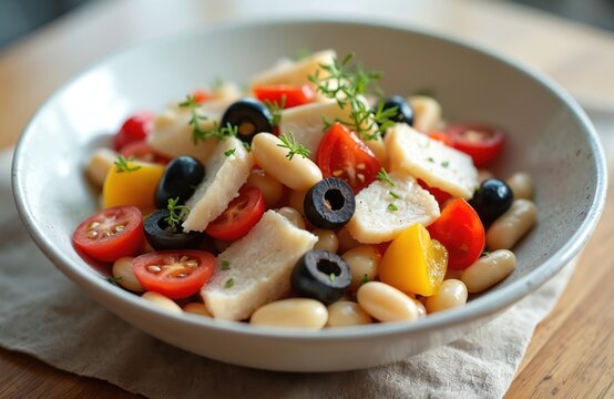 Bowl of esqueixada salad with cod, beans, olives, tomatoes, and herbs. This traditional Catalan dish offers fresh, healthy Mediterranean flavors perfect for light dining.