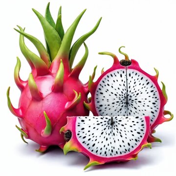 Pink dragon fruit sliced showing white flesh with black seeds. Tropical pitaya whole and cut halves on white background. Exotic juicy healthy food.