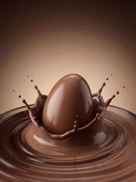 Chocolate Easter Egg Splash in Melted Chocolate on Brown Background