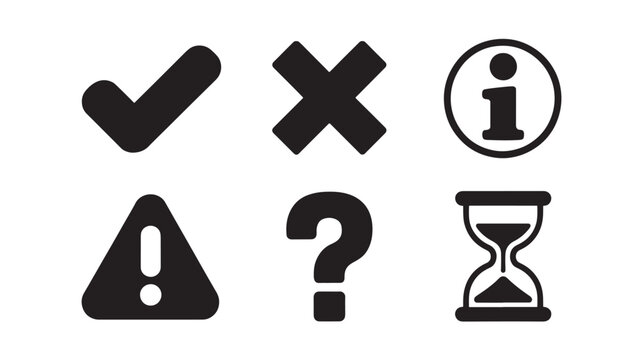 Black icons of checkmark, cross, information, warning, question, and hourglass for decision making and time concepts On Transparent Background