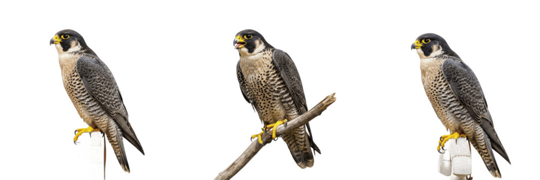 Peregrine Falcon Set Perched on Branches Isolated on White Background