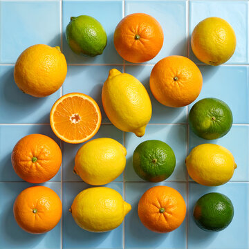 Citrus fruit collection on tiles