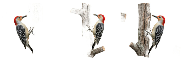 : Red-bellied Woodpecker Set Perched on Tree Trunk Isolated on White Background © Wazir