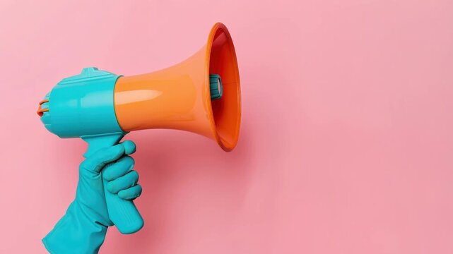 Woman in blue rubber glove holding orange megaphone. Hand communicating message through plastic loudspeaker on pink background. Marketing and announcement concept.
