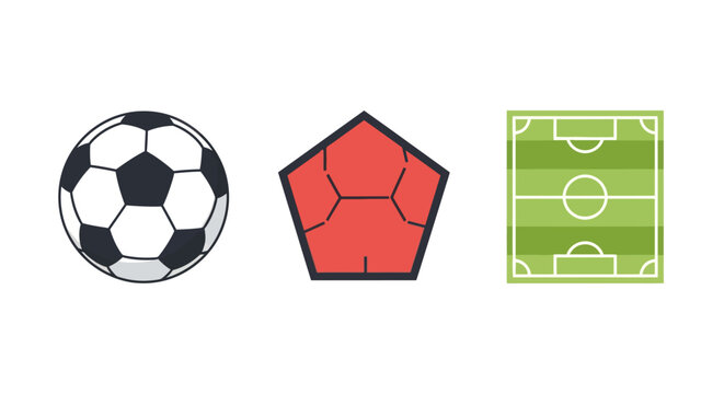 Minimalist soccer icons: ball field and pentagonal design elements